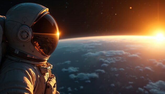 Astronaut views sun rise over Earth planet from space station orbit. Cosmonaut looks at glowing solar flare and clouds below. Human explores distant galaxy, science mission.