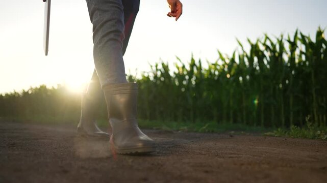 walking along dirt road with laptop farmer in boot walks past corn field inspecting crop in rural farm setting during golden hour agriculture focus showing boot step and field edge detail and texture