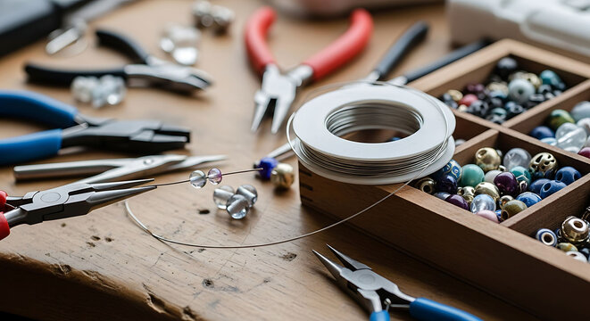 Jewelry making tools and beads on a wooden workbench with spool of wire