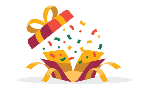 A colorful vector graphic of a gift box exploding with confetti and a ribbon