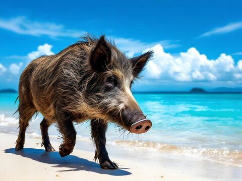 Wild Boar Walking on Tropical Beach