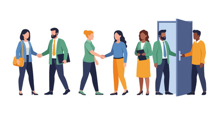 Fototapeta premium Diverse Business Professionals: Handshakes, Team Collaboration, and Onboarding New Opportunities. Global Partnership & Welcome Concept Illustration.