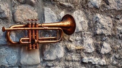 Fototapeta premium herald. Medieval herald trumpet resting on ancient castle stone wall with dramatic lighting. real-estate listings.