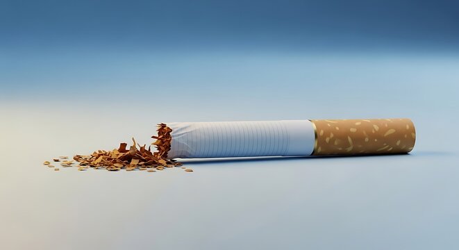 A cigarette with tobacco spilling out on a blue background