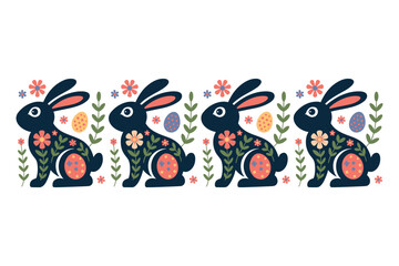 Naklejka premium Folk Art Rabbits with Floral Motifs and Easter Eggs Border Flat Design Whimsical Celebration