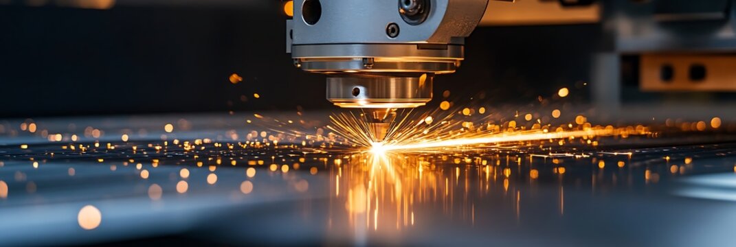 Industrial laser cutting machine in action with sparks flying