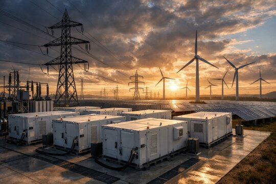 Renewable energy site with battery storage, solar panels, wind turbines and high-voltage power lines at sunset