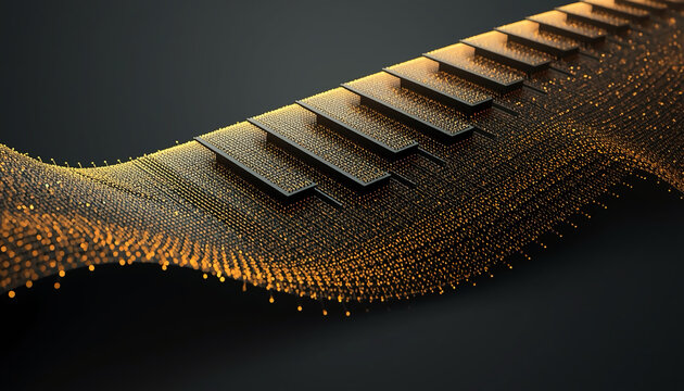 Auric wave,  Digital ridge of glowing nodes, golden particle wave, flowing dot matrix, raised ridge panels, glowing node field, abstract data landscape, metallic accent tiles
