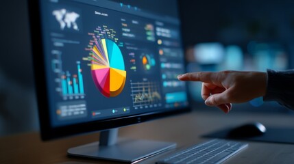 Fototapeta premium Close-Up of a Person Analyzing Colorful Data Visualizations and Graphs on a Modern Computer Screen in a Dark Office Environment