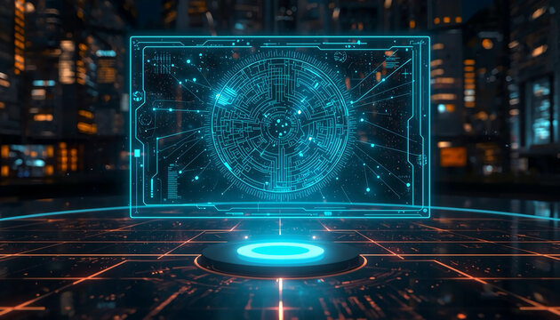Quantum console, Neon glyph interface, holographic control panel, neon cyan hud, circular data glyph, futuristic command interface, cybernetic display pedestal, digital circuitry floor