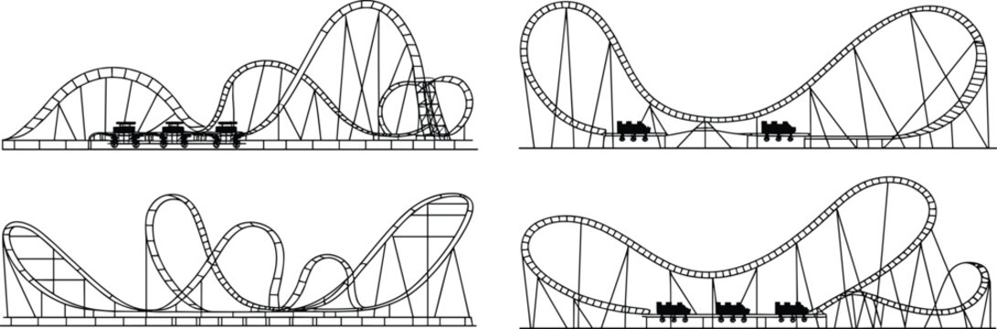 Four black and white roller coaster with trains on tracks in different configurations amusement park