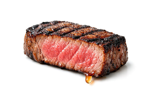 Juicy grilled steak with visible char marks and dripping juices, cooked medium-rare