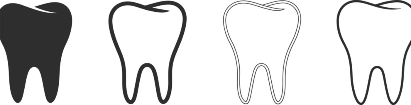 Four stylized teeth in black and white with varying line weights and shading dental outline