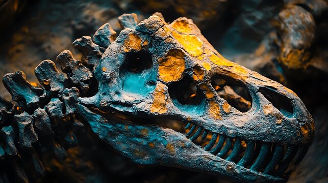 Close-up of a Tyrannosaurus Rex skull fossil with vibrant blue and orange hues.
