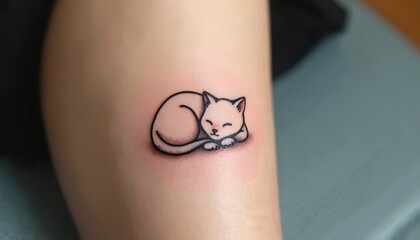 Naklejka premium Minimalist line art tattoo of a small sleeping cat on a person leg. This simple black outline drawing shows a cute, relaxed feline curled up peacefully, embodying calm and serenity.
