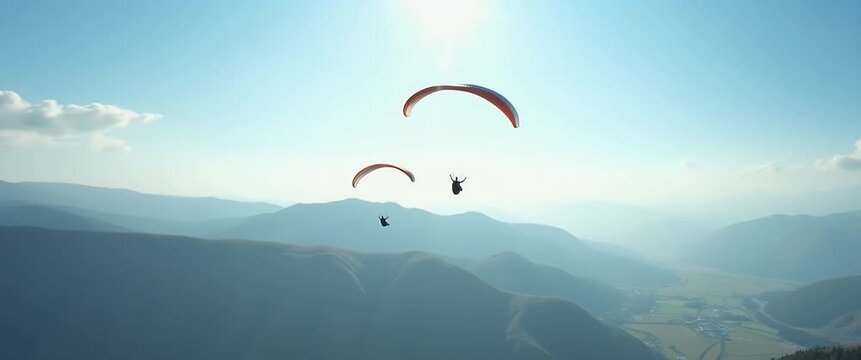 Paragliders soar gracefully over vast mountain landscapes, captured in a cinematic aerial view with gentle cloud movement and a slow pan, creating a breathtaking adventure travel scene.