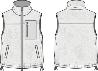 Fashion technical flat vector illustration of fleece vest, front and back views, CAD drawing, for outdoor apparel, winter outerwear, isolated. © Mst