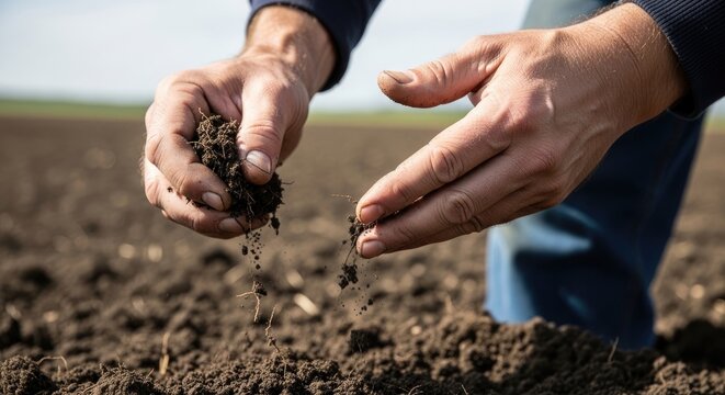 A farmer examines soil with his hands. He is carefully inspecting the texture and consistency of the dark earth.