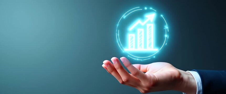 Businessman's hand supports a digital growth chart, gently pulsing, with a slow cinematic zoom in a minimalist office setting; ambient light subtly shifts, enhancing a futuristic atmosphere.