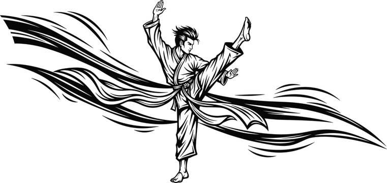 martial artist performing high kick with flowing motion lines, karate fighter action illustration, dynamic combat pose, cad drawing flat vector illustration
