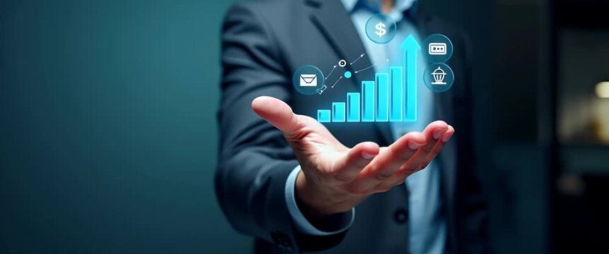 Hand using holographic financial efficiency tools for profit and loss with empty space background concept as A hand utilizing holographic tools to enhance financial efficiency optimizing profit and re