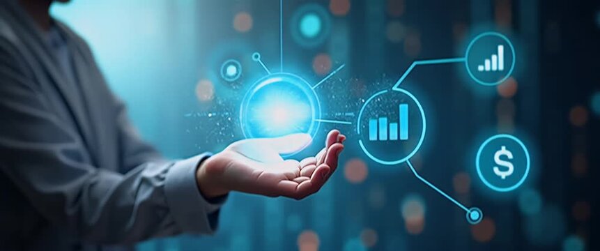 Hand using holographic financial efficiency tools for profit and loss with empty space background concept as A hand utilizing holographic tools to enhance financial efficiency optimizing profit and re
