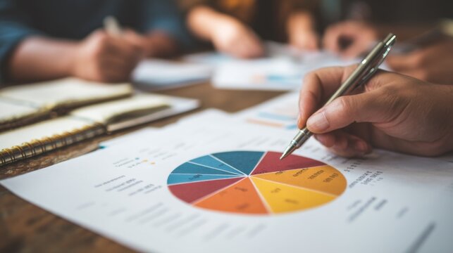 Team Collaboration on Business Strategy Analysis with Colorful Pie Chart and Documents at Wooden Table in Creative Office Space