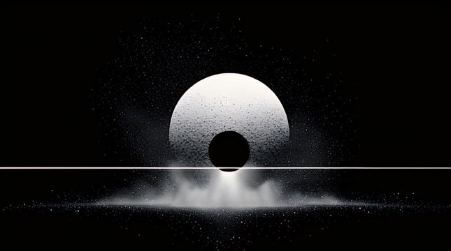 A celestial scene with a large white arc and a black circle, mirrored below a horizon line, speckled stars throughout