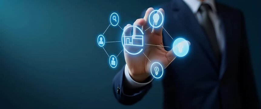 Business professional interacts with futuristic digital interface icons, as the camera slowly pans, with ambient light flickering, in a cinematic, tech-focused scene.