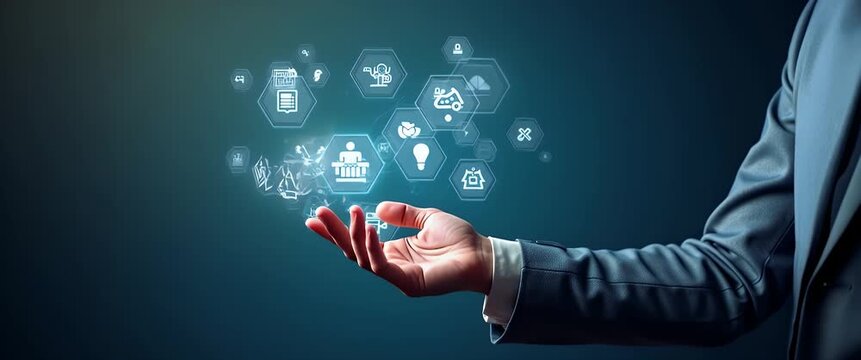 Businessman's hand presenting floating digital icons with subtle motion; camera gently pans across a minimalist, futuristic interface; cinematic style with ambient lighting.