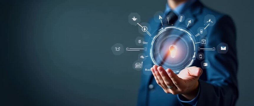 Innovative business technology concept with holographic interface hovering above a businessman's hand; camera performs a slow pan, while digital icons gently animate in a modern, cinematic style.