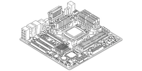 Obraz premium Computer motherboard line drawing illustration, CPU socket RAM slots PCI connectors design, electronic circuit hardware artwork, flat vector illustration