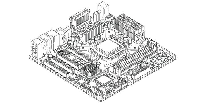 Computer motherboard line drawing illustration, CPU socket RAM slots PCI connectors design, electronic circuit hardware artwork, flat vector illustration