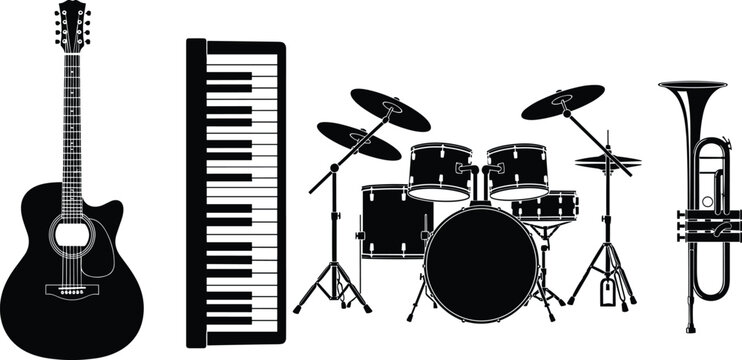 musical instruments silhouette set guitar piano drum kit trumpet black isolated collection music equipment flat vector illustration design