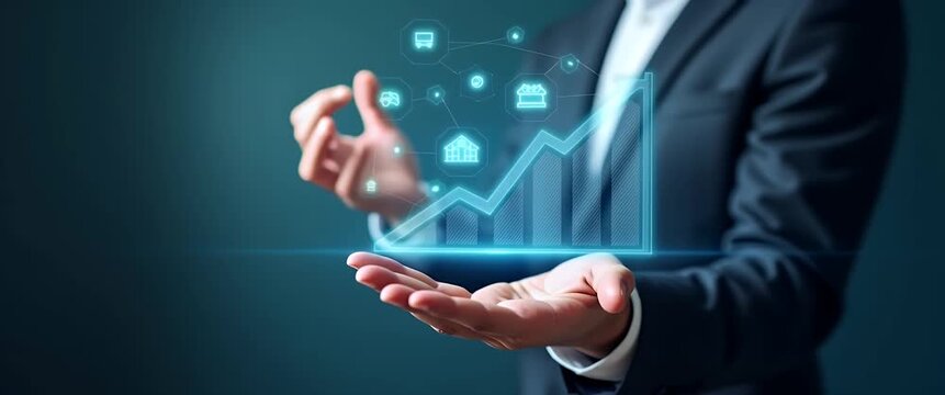 Business professional showing rising graph hologram, slow camera pan with gentle ambient light flicker, cinematic style, highlighting data growth, innovation, and technology.