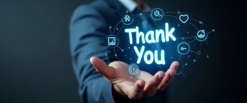 Business professional in a suit gestures towards a glowing Thank You message, as the camera slowly pans, with ambient digital lights flickering in the background, creating a cinematic and modern atmos