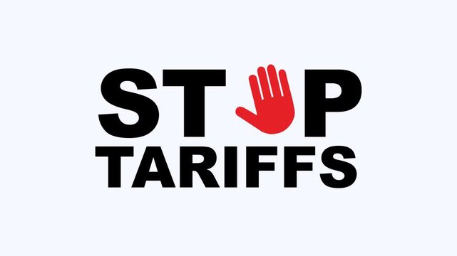 Stop tariffs message with red hand illustration, ideal for editorial articles, social media posts, presentations, and advocacy campaigns against trade barriers.