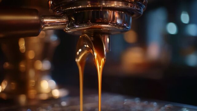 Captivating Flow of Espresso: A Visual Journey Through the Brewing Process with Rich Caramel-Hued Crema and Glimmering Reflections from the Coffee Machine.