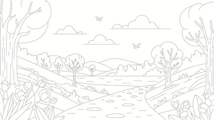 Fototapeta premium Line art depiction of a serene spring landscape with flowers, trees, and birds.