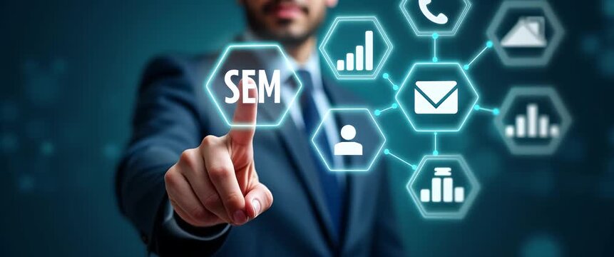 Business professional interacts with futuristic SEM interface, digital elements animate subtly, camera executes a slow pan, creating an engaging, cinematic scene for marketing insights.