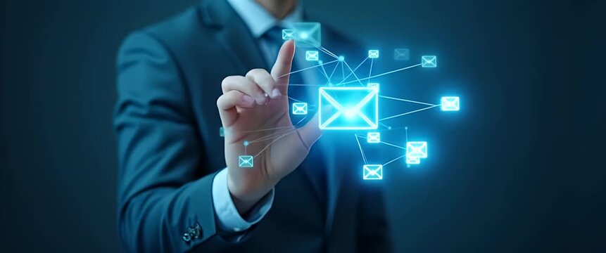 Businessman interacts with virtual email icons in a cinematic scene, as the camera slowly pans, creating a dynamic representation of digital communication and modern technology.