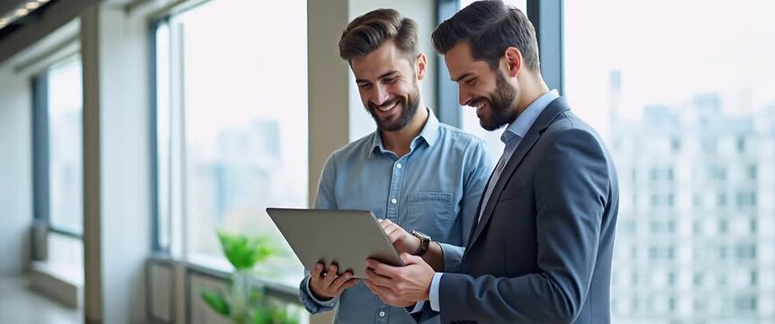 Business team of two busy happy professional business men employees working together standing in corporate office having conversation sharing ideas using laptop computer technology. concept as Two hap
