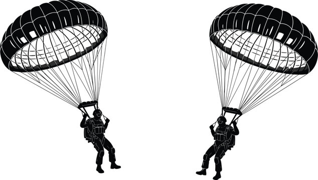 parachute, skydiving, silhouette, soldier, parachutist, jump, air, landing, military, adventure, extreme, sport, flight, canopy, descent, action, equipment, aviation, illustration, design