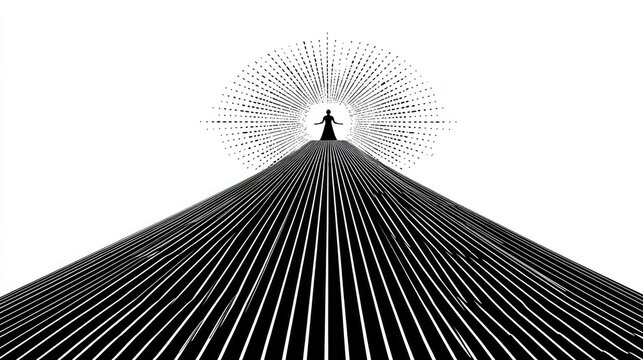 Silhouette figure stands at the apex of a dramatically converging path illuminated by radiant light