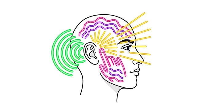 A vibrant vector illustration of a human head with colorful brain waves and light rays symbolizing creativity and innovation
