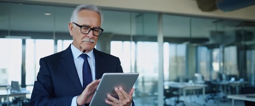 Focused older executive wearing suit and glasses navigating digital tablet for finance project exemplifying forward thinking leadership. concept as Standing in modern office confident posture conveys 