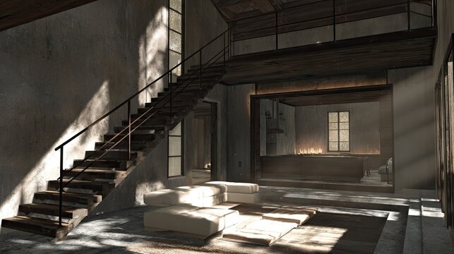 Interior space features modern industrial design elements with natural light streaming across the floor and staircase