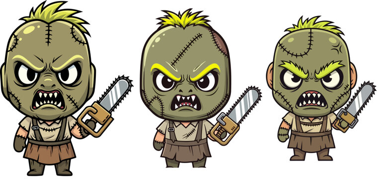 Horror movie slasher character set, creepy zombie butcher with chainsaw vector, scary halloween monster mascot collection in chibi cartoon style