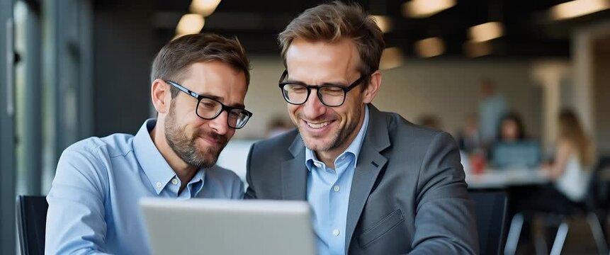 Professional colleagues engage with a digital tablet, sharing ideas with dynamic interaction; the camera gently pans across a modern office, capturing ambient light and a collaborative atmosphere in a