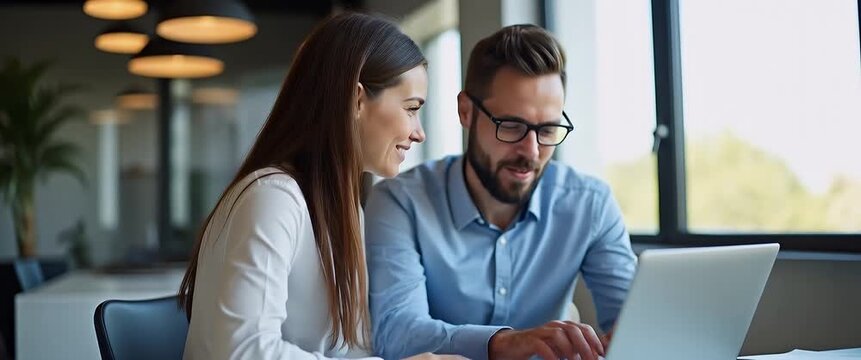 Two professional business colleagues smile while discussing corporate technology using laptop in office environment as entrepreneurs or team members concept as Two professional business colleagues smi